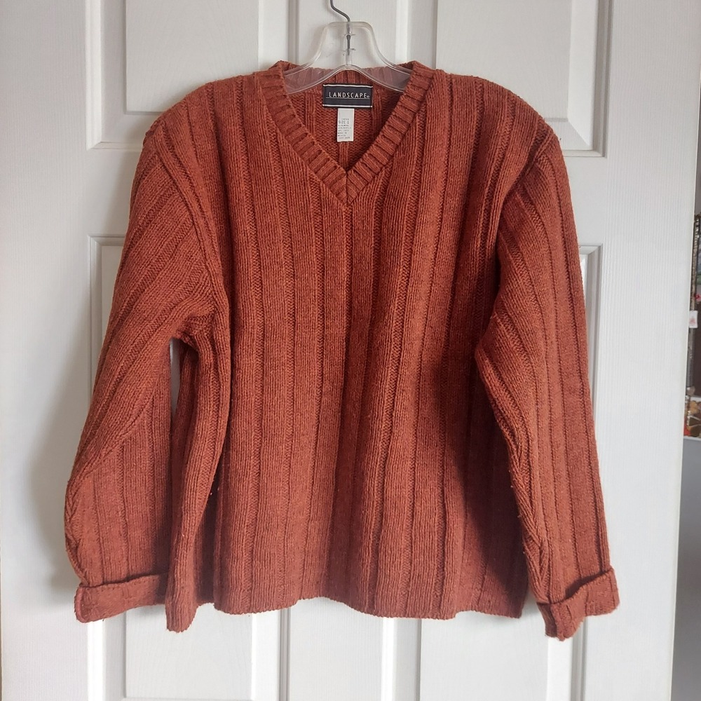 Landscape Vintage Rust Orange Wool Blend Ribbed V-Neck Sweater Womens Small